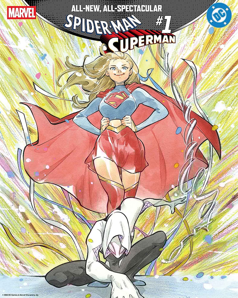 Supergirl and Spider-Gwen bring a little color to the crime-fighting game on Peach Momoko's variant cover to Spider-Man/Superman Vol. 1 #1 (2026), Marvel Comics/DC
