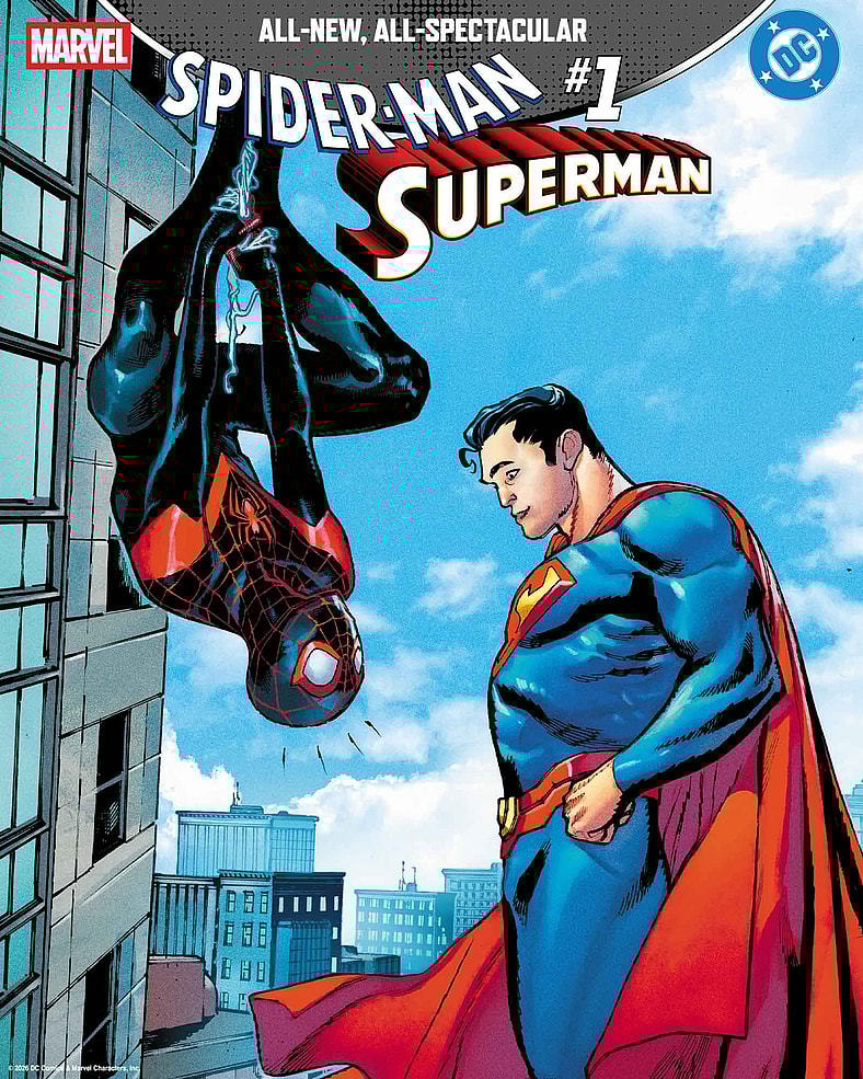 Miles Morales makes the acquaintance of Superman on Sara Pichelli's variant cover to Spider-Man/Superman Vol. 1 #1 (2026), Marvel Comics/DC