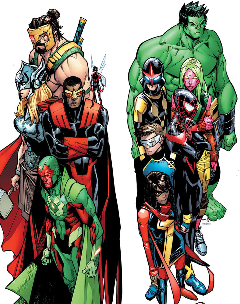 The Avengers clash with their former proteges on Humberto Ramos' cover to Champions Vol. 2 #13 'Worlds Collide, Part 2' (2016), Marvel Comics