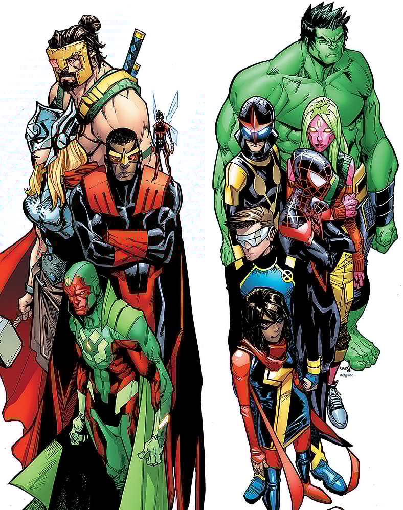 The Avengers clash with their former proteges on Humberto Ramos' cover to Champions Vol. 2 #13 'Worlds Collide, Part 2' (2016), Marvel Comics
