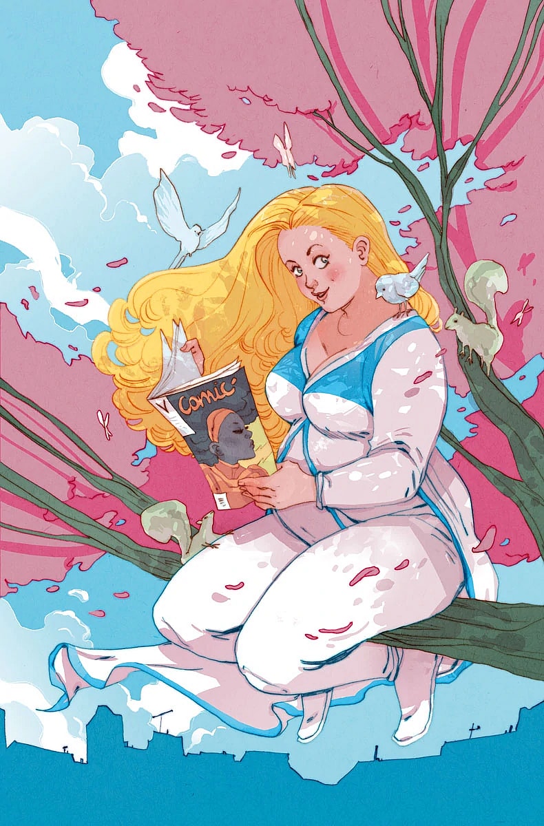 Faith takes a reading break on Marguerite Sauvage's variant cover to Faith Vol. 2 #3 "The Long Con, Part One" (2016), Valiant Entertainment