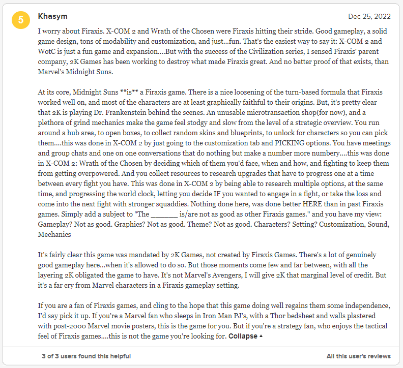 Khasym shares their PC review of Marvel's Midnight Suns via Metacritic