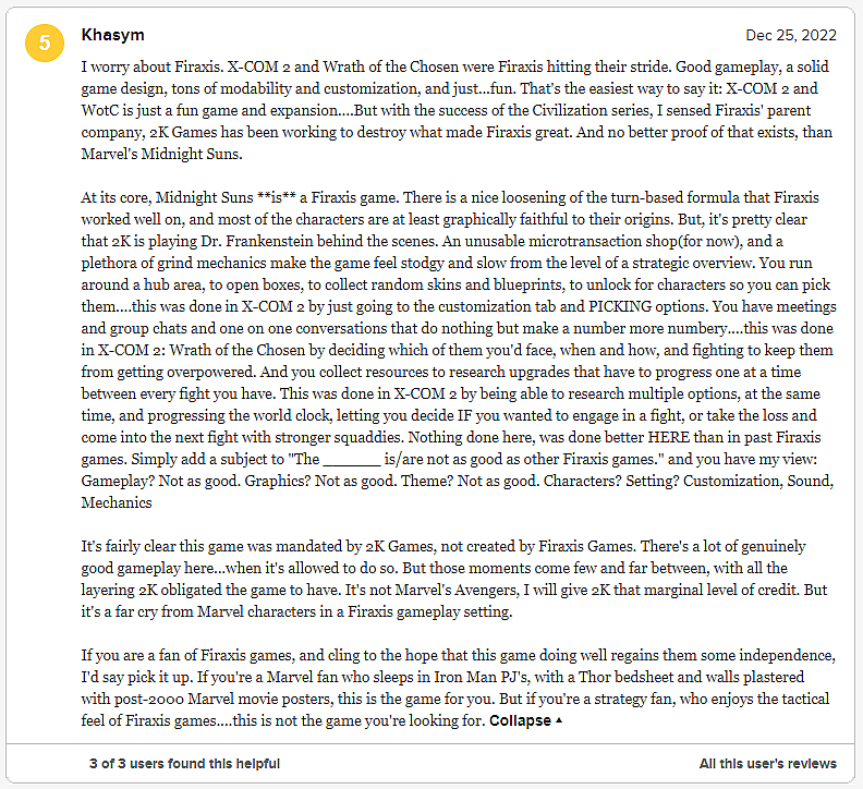 Khasym shares their PC review of Marvel's Midnight Suns via Metacritic