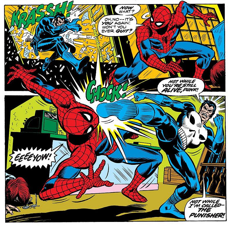The Punisher and Spider-Man come to blows for the first time in Amazing Spider-Man Vol. 1 #129 "The Punisher Strikes Twice!" (1973), Marvel Comics. Words by Gerry Conway, art by Ross Andru, Frank Giacoia, and Dave Hunt.