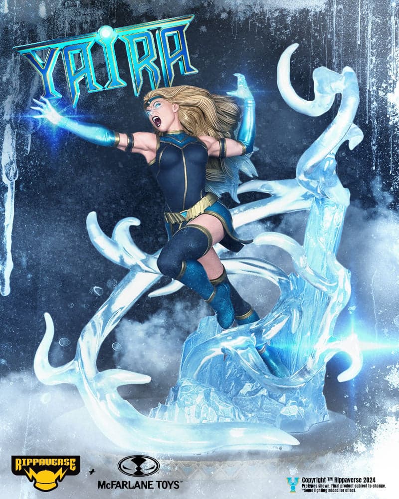 Yaira calls forth the freezing winds in Marcos Rios and Caanan White's statue of Yaira (2024), Rippaverse x McFarlane Toys