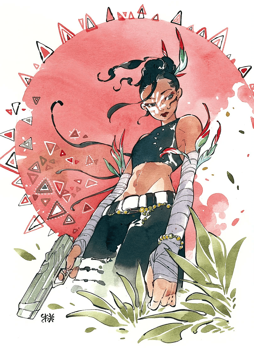 Echo stands tall on Peach Momoko's variant cover to Avengers Vol. 8 #55 "Night of the Panther, Dawn of the Hawk" (2022), Marvel Comics