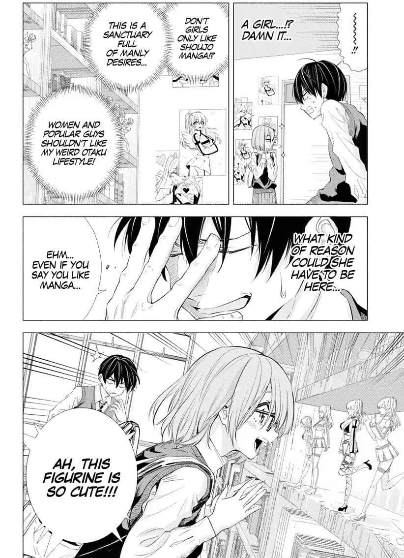 Masamune Okumura comprehending why Lilysa Amano's in the Manga Club room in 2.5 Dimensional Seduction Chapter 1 "Different Dimension Freshman" (2019), Shueisha. Words and Art by Yu Hashimoto via digital issue