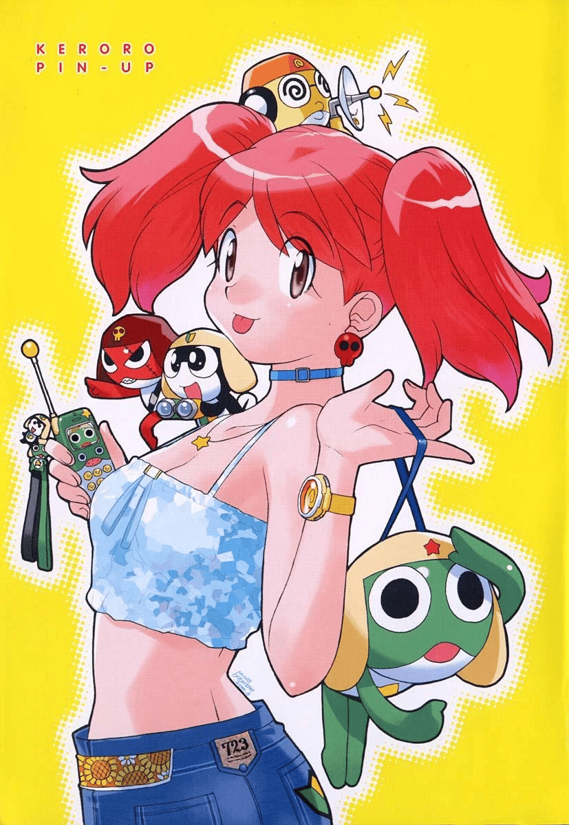 Natsumi Hinata goes out for a day on the town with Giroro, Tanama, Kururu, and Keroro on Mine Yoshizaki's color pin-up to Keroro Gunso (Sgt. Frog) Vol. 2 (2000), Kadokawa