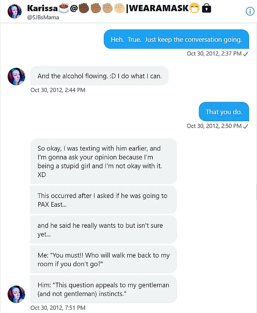 Twitter messages between Jeff Johnson and Karissa Barrows, showing the latter is eager to see Chris Avellone again via Beyond Politics, Beliefs, or Life Choices — This is About Right and Wrong, Jeff Johnson Medium