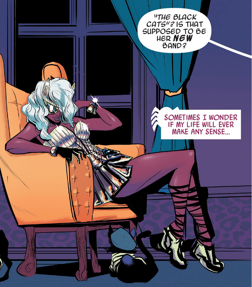Black Cat prepares to make her move in Spider-Gwen Vol. 1 #5 "Most Wanted? Part Five" (2015), Marvel Comics. Words by Jason Latour, art by Robbi Rodriguez, Rico Renzi, and Clayton Cowles.