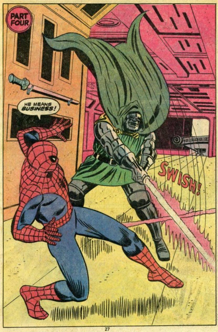 Spider-Man to a is taken by surprise by Doctor Doom in Spidey Super Stories Vol. 1 #31 "Star Jaws" (1977), Marvel Comics. Words by Kolfax Mingo, art by Win Mortimer and Mike Esposito.