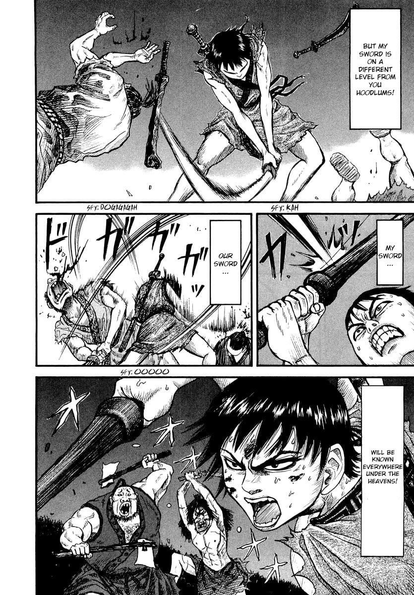 Shin refuses to back down from a group of bandits in Kingdom Ch. 2 "Map" (2006), Shueisha. Words and art by Yasuhisa Hara.