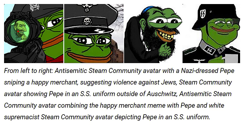 The ADL shows offensive Pepe the Frog avatars from "Steam in Steam-Powered Hate: Top Gaming Site Rife with Extremism & Antisemitism" (2024), ADL