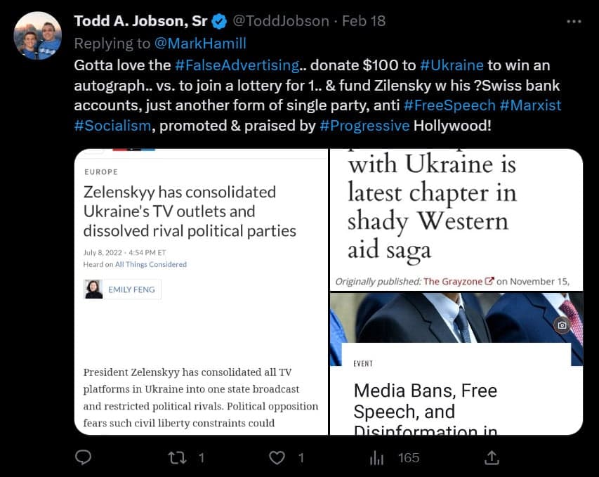 Todd A. Jobson Sr. points out the hypocrisy of Mark Hamill's United24 Star Wars campaign
