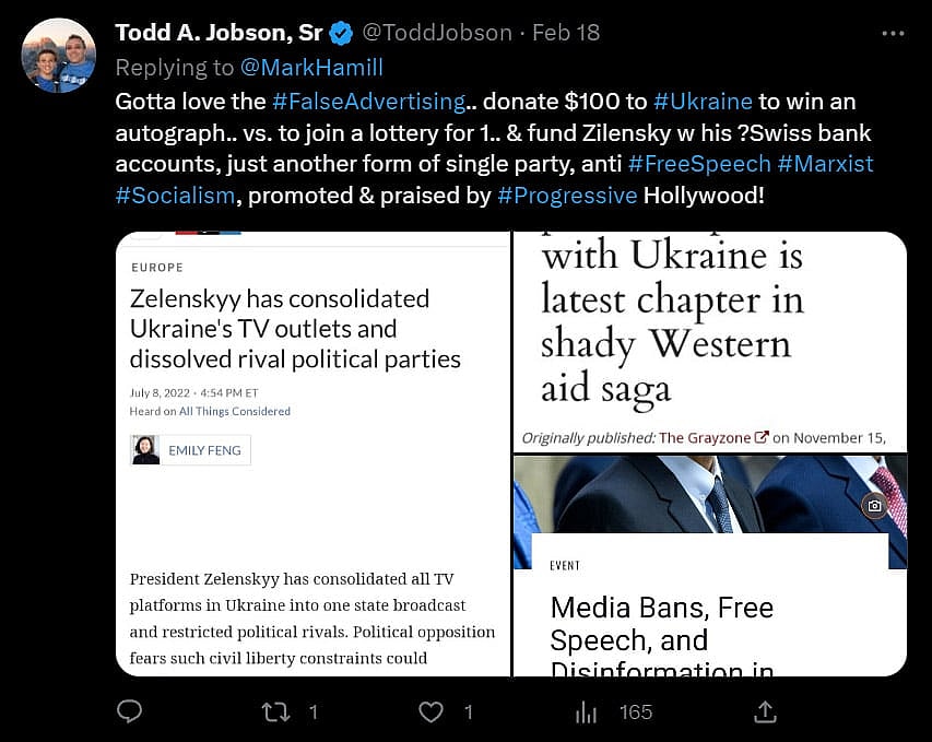 Todd A. Jobson Sr. points out the hypocrisy of Mark Hamill's United24 Star Wars campaign