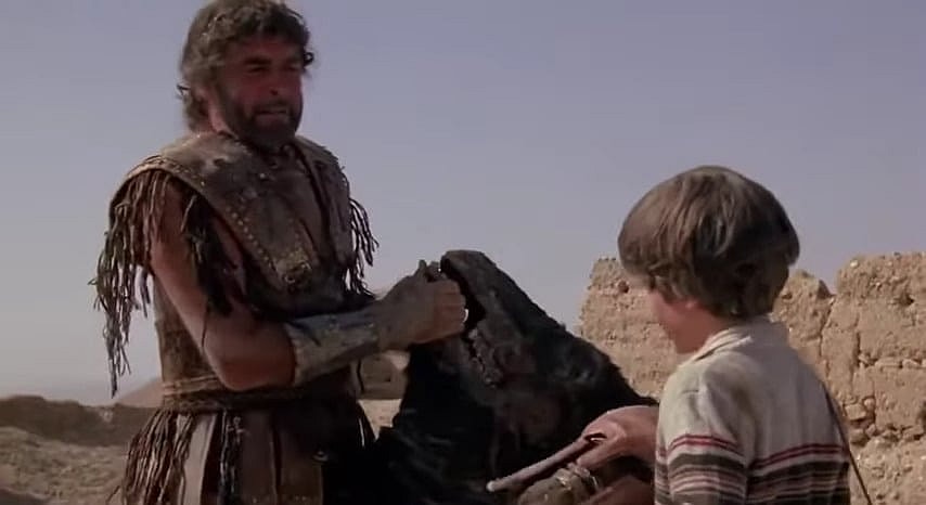 King Agamemnon (Sean Connery) thanks Kevin (Craig Warnock) for his help in besting the Minotaur in Time Bandit (1981), HandMade Films