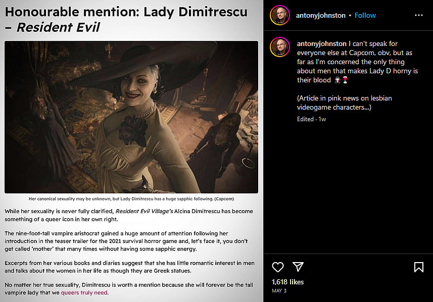 'Resident Evil Village' writer Antony Johnston reveals Lady Dimitrescu is a lesbian