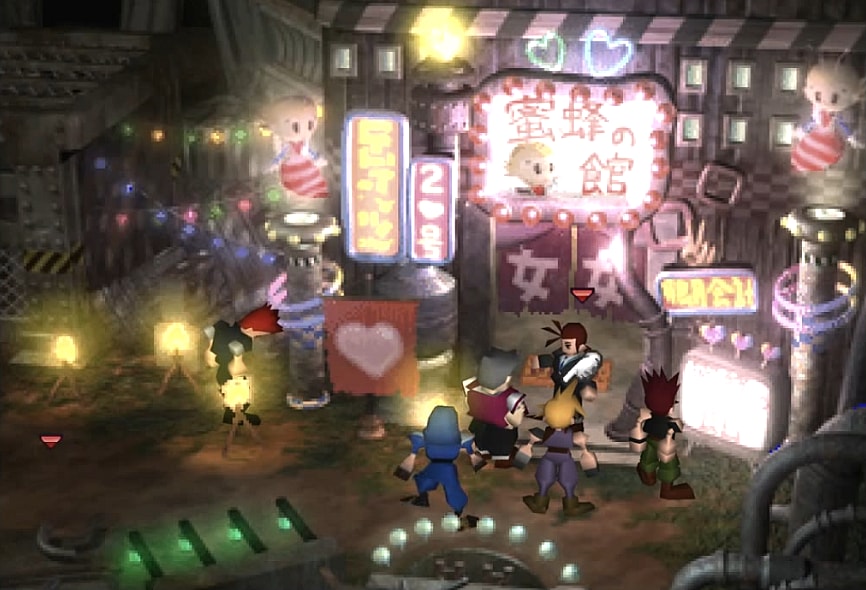 Cloud attempts to gain access to the Honey Bee Inn, in Final Fantasy VII (1997), Square Enix