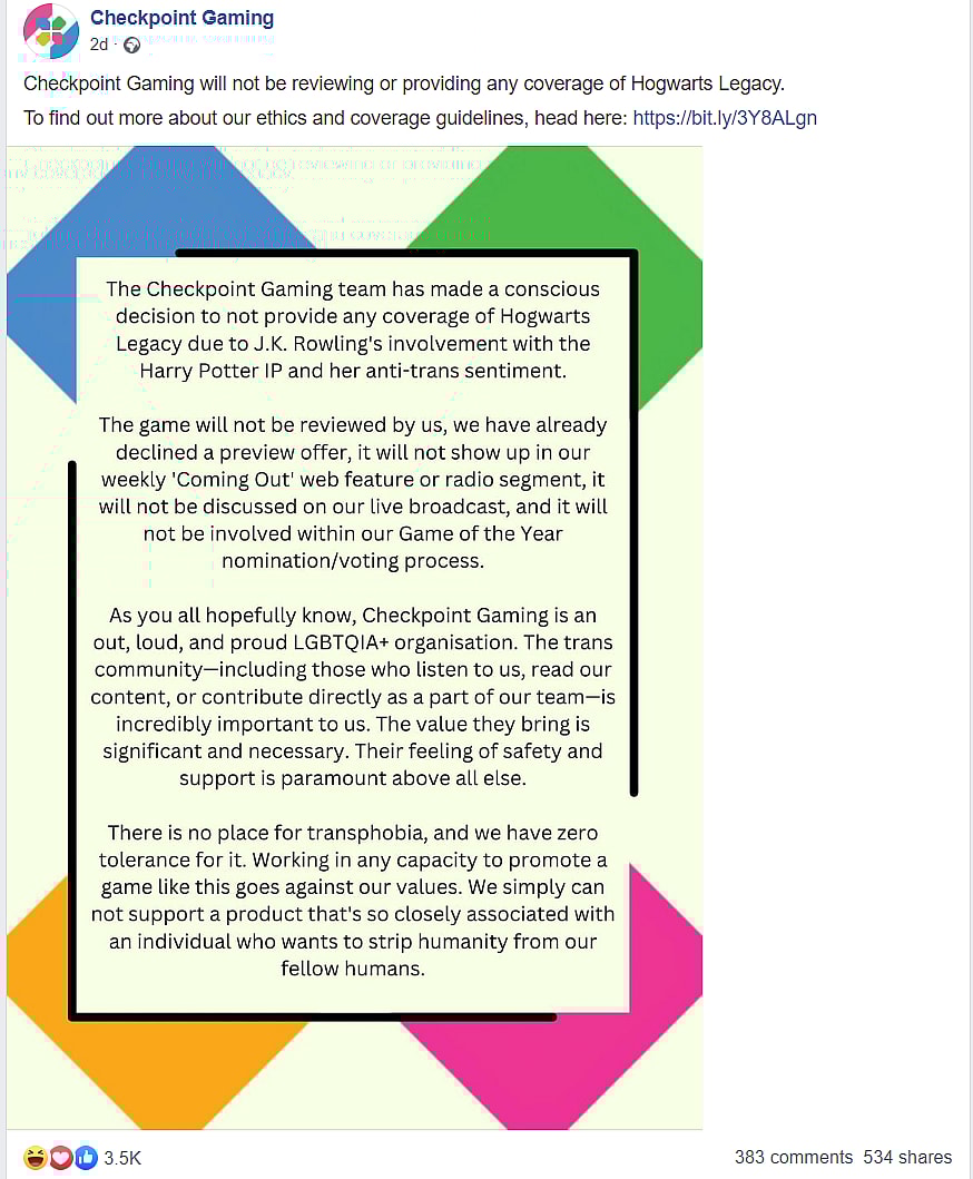 Checkpoint Gaming announces they are refusing to cover Hogwarts Legacy via Facebook