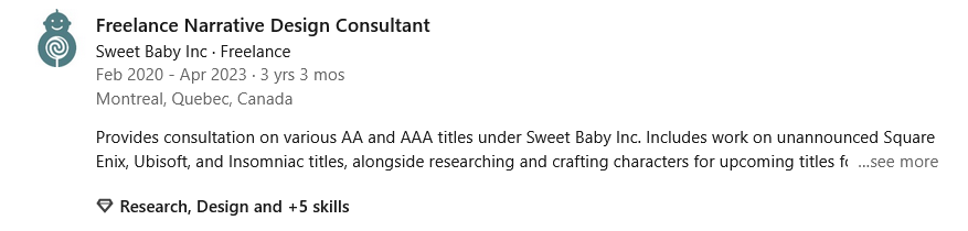 Kazuma Hashimoto's resume entry for Sweet Baby Inc. via LinkedIn