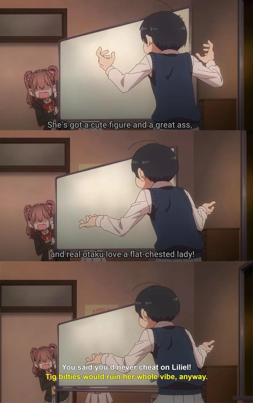 Masamune Okumura (Junya Enoki) explains to Mikari Tachibana (Akari Kito) his love for Milliela in 2.5 Dimensional Seduction Episode 3 "Lilli x Miri" (2024), JC Staff 