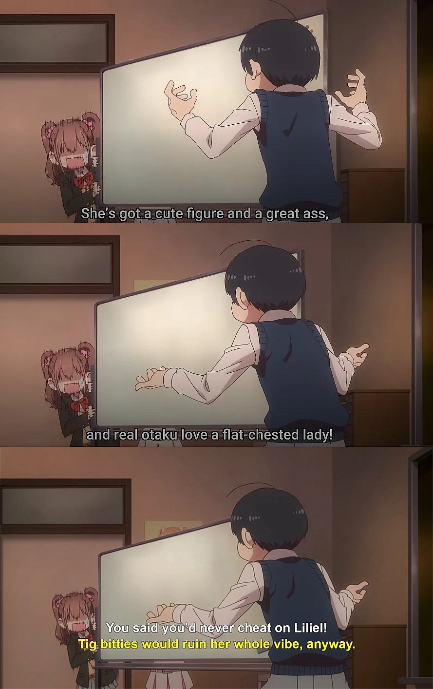 Masamune Okumura (Junya Enoki) explains to Mikari Tachibana (Akari Kito) his love for Milliela in 2.5 Dimensional Seduction Episode 3 "Lilli x Miri" (2024), JC Staff 