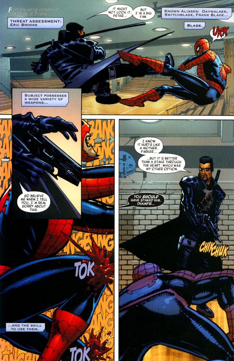 Blade puts down a vampiric Spider-Man in Blade Vol. 4 #1 "Splinter Group" (2006), Marvel Comics. Words by Marc Guggenheim, art by Howard Chaykin, Edgar Delgado, and Rus Wooton via digital issue