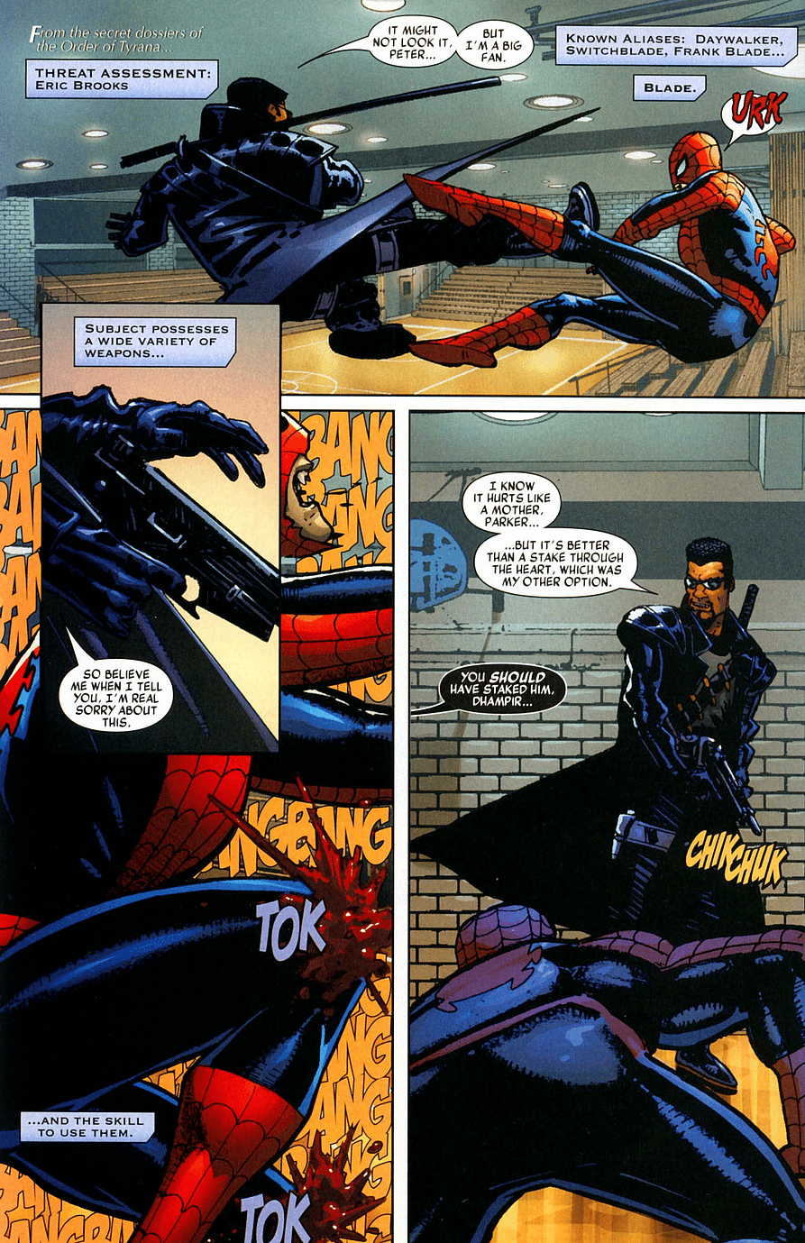 Blade puts down vampiric Spider-Man in Blade Vol. 4 #1 "Splinter Group" (2006), Marvel Comics