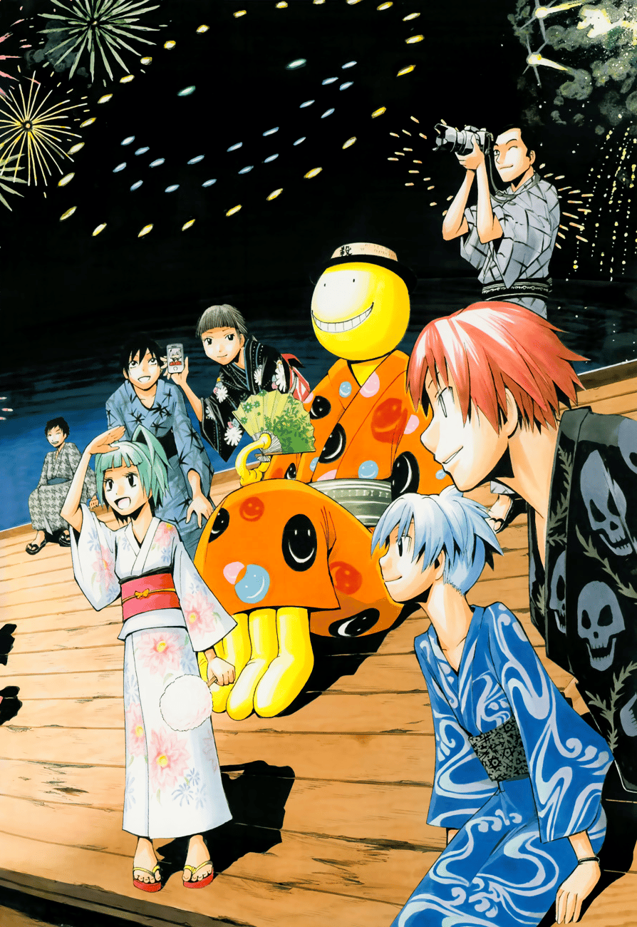 Class 3-E takes in a firework show on Yussei Matsui's cover page to Assassination Classroom Chapter 50 "Time for the End of the Semester" (2013), Shueisha