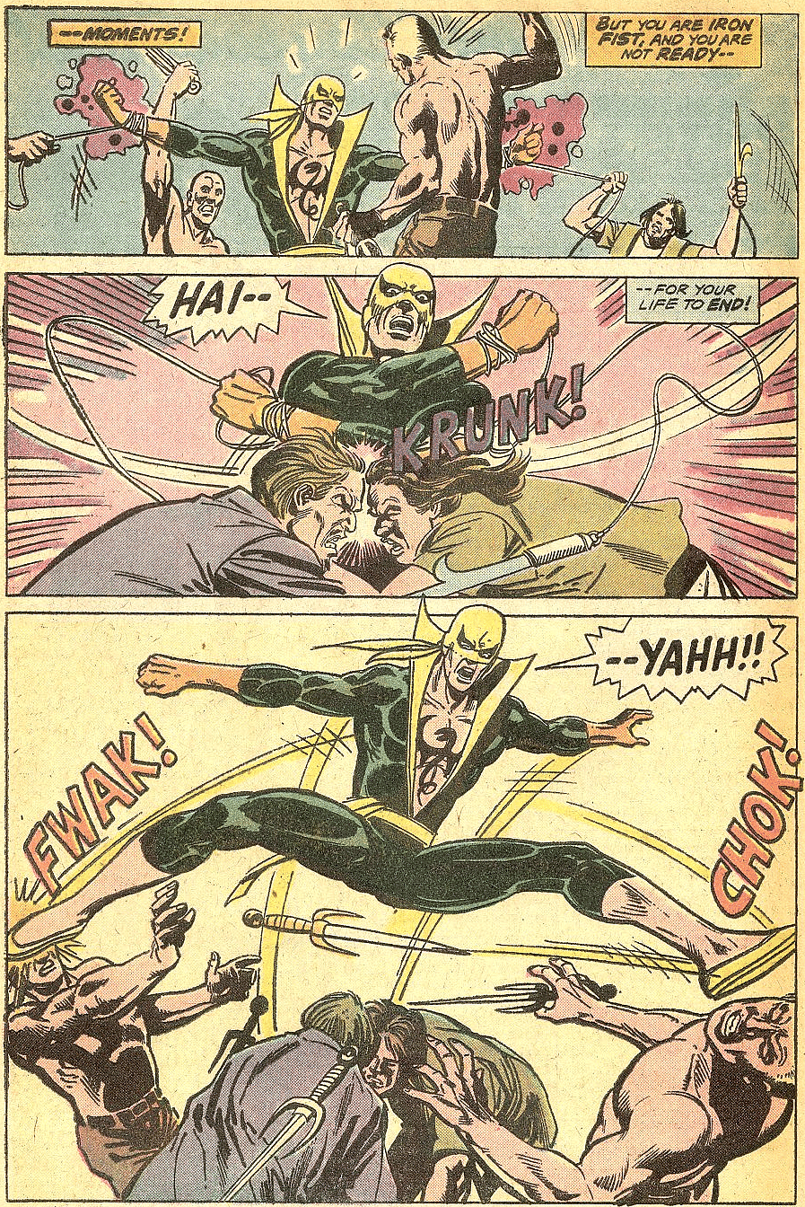 Iron Fist lets loose his combat skills in Marvel Premiere Vol. 1 #19 "Death-Cult!" (1974), Marvel Comics. Words by Doug Moench, art by Larry Hama, Neal Adams, Dick Giordano, Jan Brunner, and Ray Holloway.
