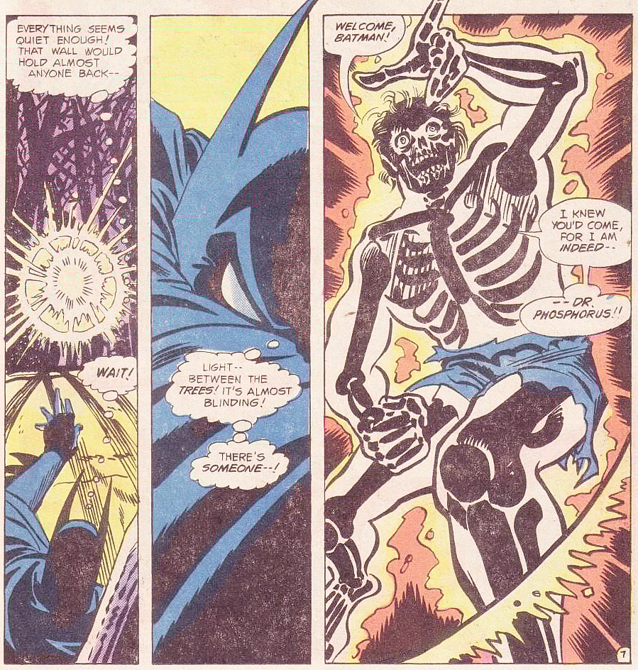 Batman has his first meeting with Doctor Phosphorous in Detective Comics Vol. 1 #469 "...By Death's Eerlie Light!" (1977), DC. Words by Steve Englehart, art by Walt Simonson, Al Milgrom, Jerry Serpe, and Ben Oda.