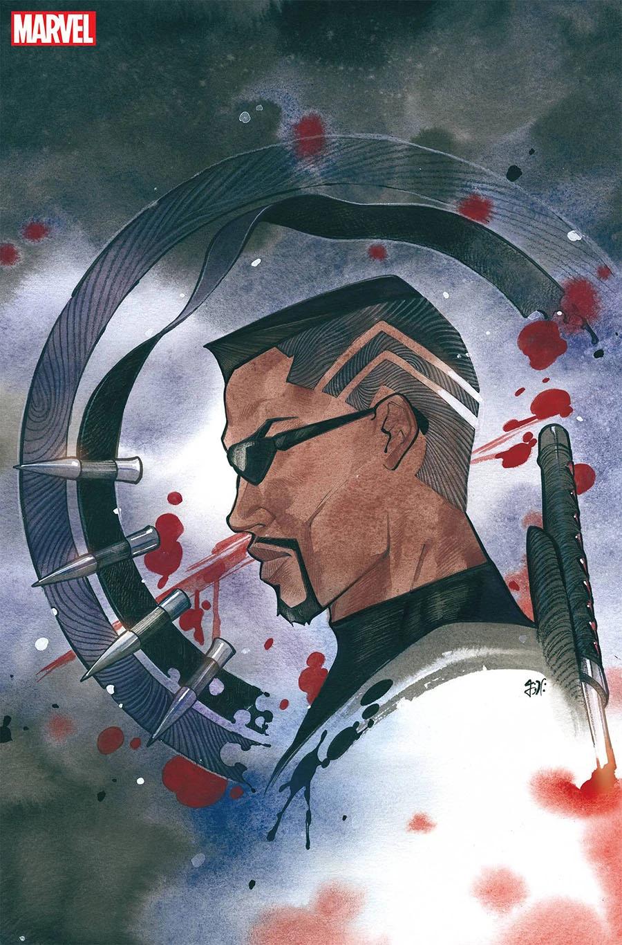 Blade rides again on Peach Momoko's variant cover to Blade Vol. 5 #1 "Mother of Evil: Part One" (2023), Marvel Comics