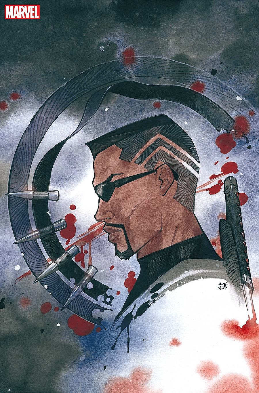 Blade rides again on Peach Momoko's variant cover to Blade Vol. 5 #1 "Mother of Evil: Part One" (2023), Marvel Comics