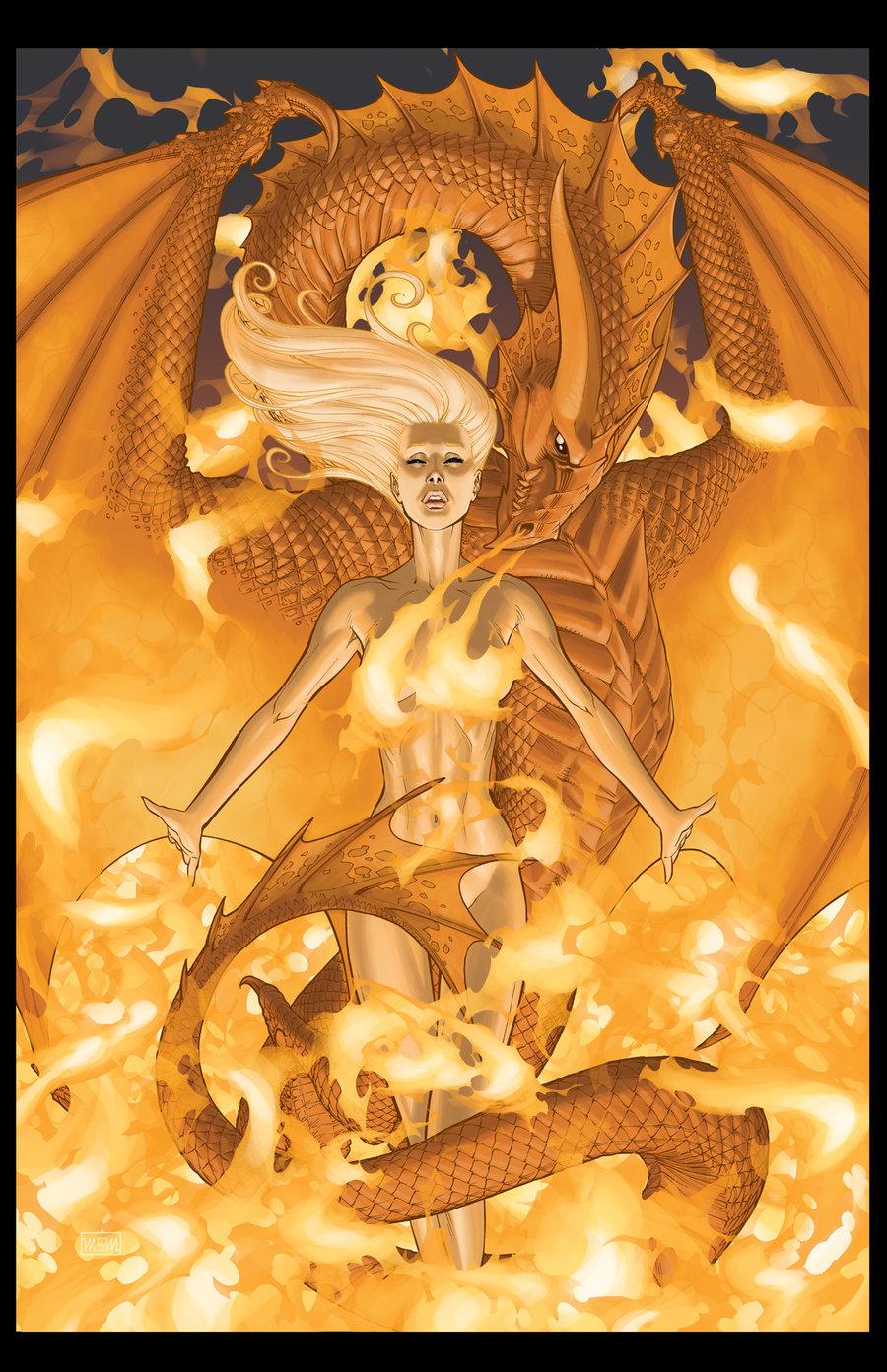 Daenrys Targaryen is reborn as The Dragon Queen on Mike S. Miller's cover to George R.R. Martin's A Game of Thrones Vol. 1 #6 (2012), Dynamite
