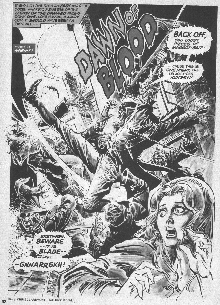 Blade swoops in to save Josie Harper in Marvel Preview Vol. 1 #3 "The Night Josie Harper Died!" (1975), Marvel Comics. Words by Chris Claremont, art by Tony DeZuniga and Rico Rival via digital issue