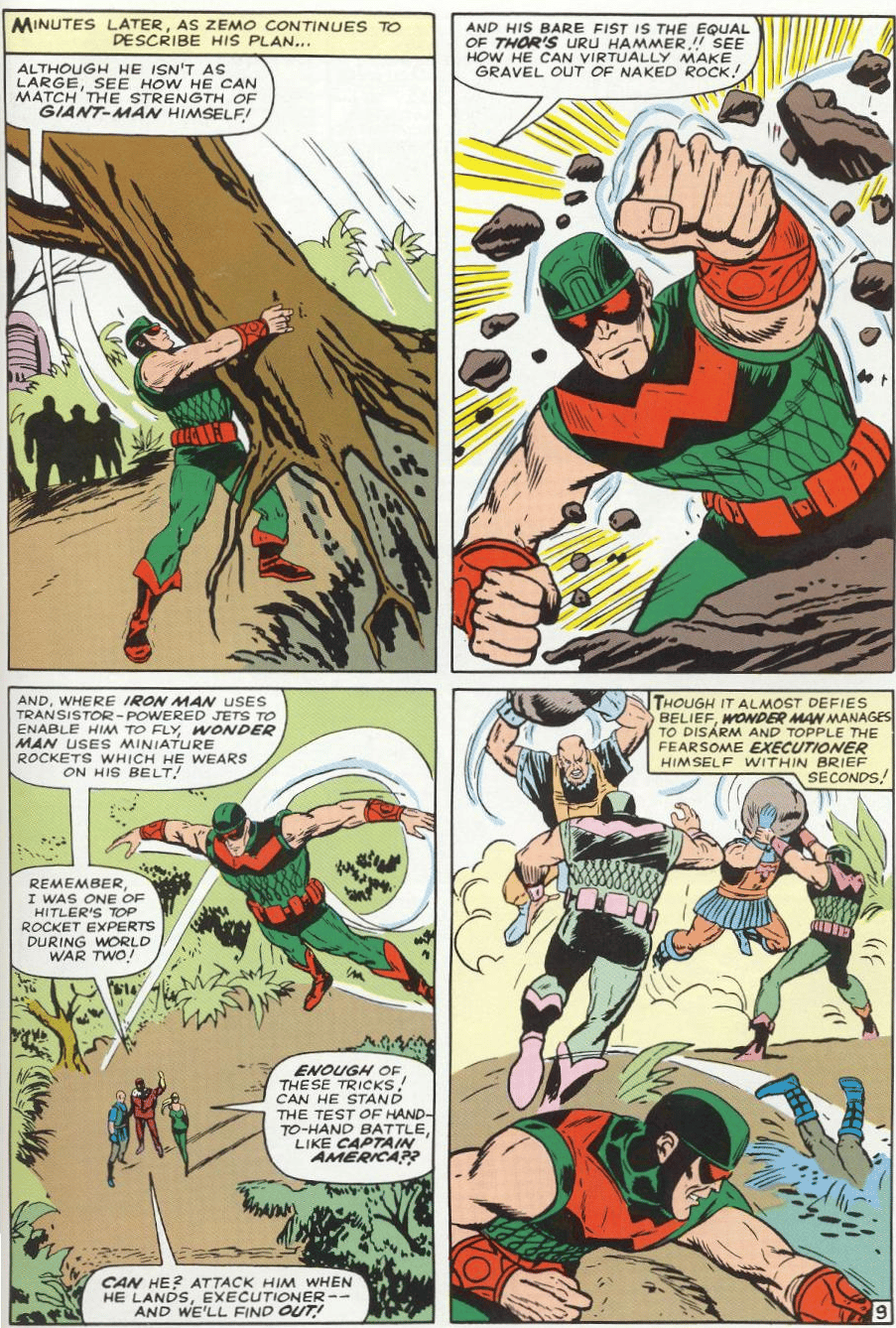 Wonder Man makes his villainous debut in Avengers Vol. 1 #9 "The Coming Of The...Wonder Man!" (1964), Marvel Comics. Words by Stan Lee, art by Don Heck, Dick Ayres, Stan Goldberg, and Art Simek.