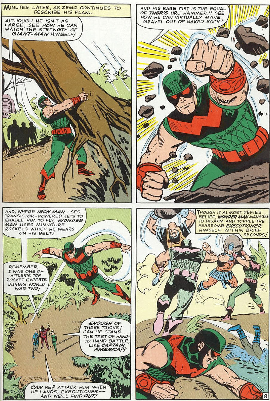 Wonder Man makes his villainous debut in Avengers Vol. 1 #9 "The Coming Of The...Wonder Man!" (1964), Marvel Comics. Words by Stan Lee, art by Don Heck, Dick Ayres, Stan Goldberg, and Art Simek.