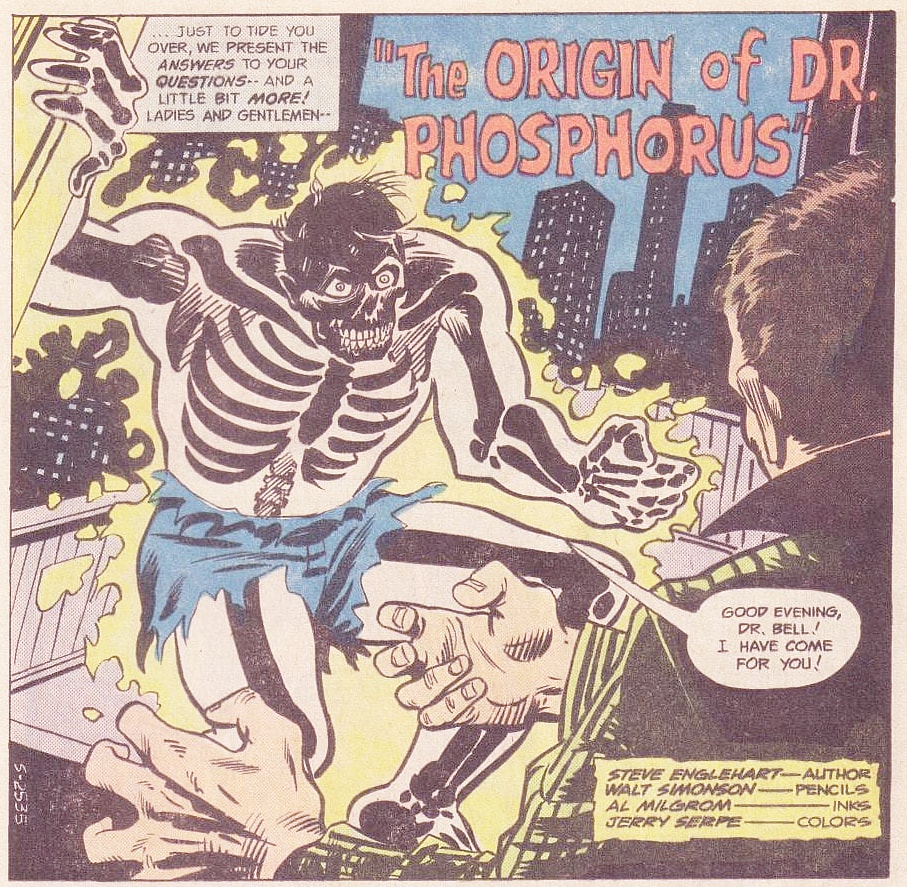 Doctor Phosphorous reveals himself in Detective Comics Vol. 1 #469 "The Origin of Doctor Phosphorous" (1977), DC. Words by Steve Englehart, art by Walt Simonson, Al Milgrom, Jerry Serpe, and John Workman.