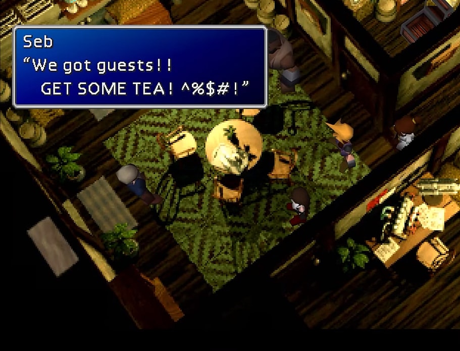 Cid Highwind berates Shera, demanding he makes tea for the party in Final Fantasy VII (1997), Square