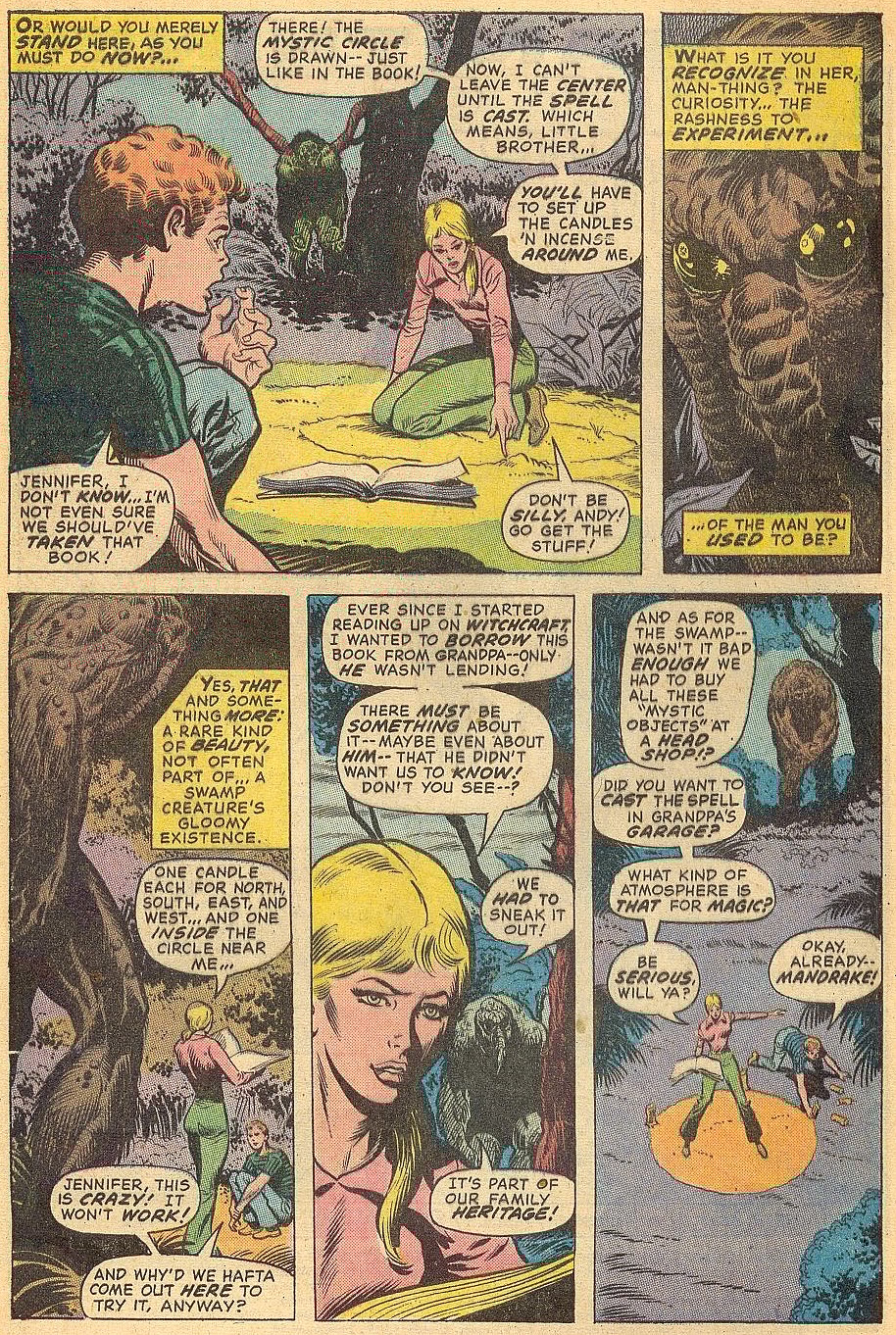 Jennifer Kale and her brother Andy prepare to summon the demon Thog in Fear Vol. 1 #11 "Night of the Nether-Spawn!" (1972), Marvel Comics. Words by Stever Gerber, art by Rich Buckler, Jim Mooney, and Jean Izzo.