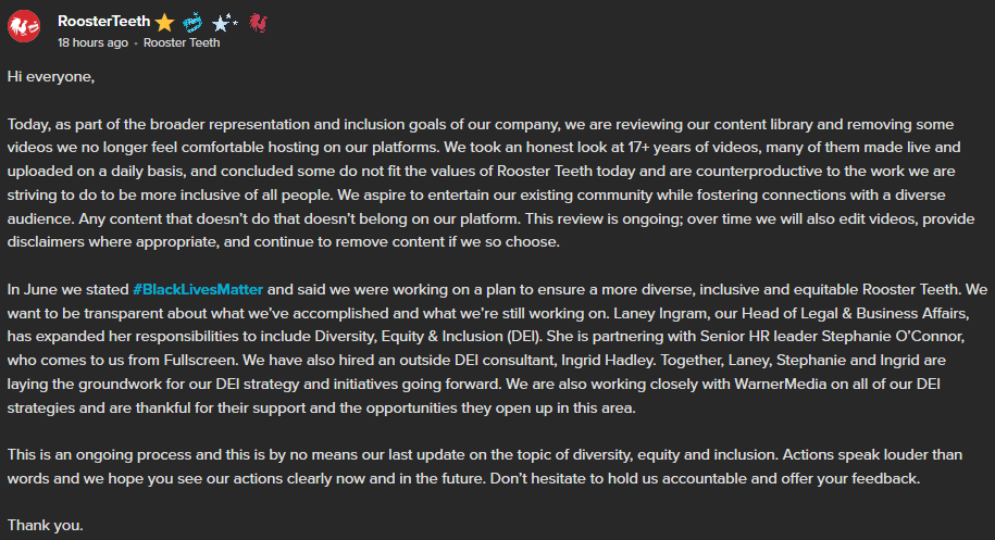Rooster Teeth Announces Ongoing Deletion of Old Content “We No Longer Feel Comfortable Hosting On Our Platforms”