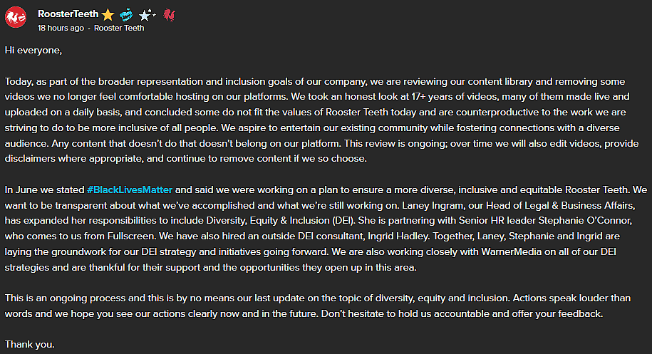 Rooster Teeth announces ongoing deletion of old content from their platforms