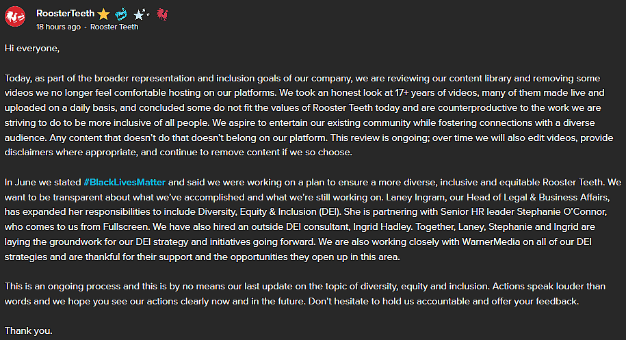 Rooster Teeth Announces Ongoing Deletion of Old Content “We No Longer Feel Comfortable Hosting On Our Platforms”