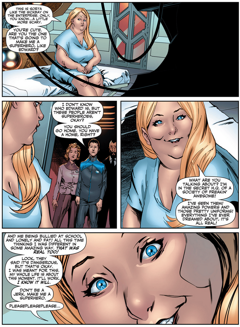 Faith refuses to listen to Sting's warning about the Harbinger Foundation in Harbinger Vol. 2 #4 "Omega Rising, Part 4" (2012), Valiant Entertainment. Words by Joshua Dysart, art by Khari Evans, Lewis LaRosa, Matthew Clark, Ian Hannin, and Rob Steen.