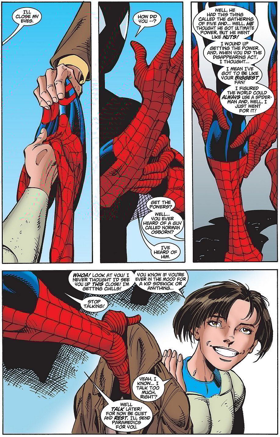 Mattie Franklin hands the Spider-suit back to its rightful owner in Amazing Spider-Man Vol. 2 #2 "I can't...(and I don't want to)...but I must!" (1998), Marvel Comics. Words by Howard Mackie, art by John Byrne, Scott Hanna, Gregory Wright, Richard Starkings, and Liz Agraphiotis.