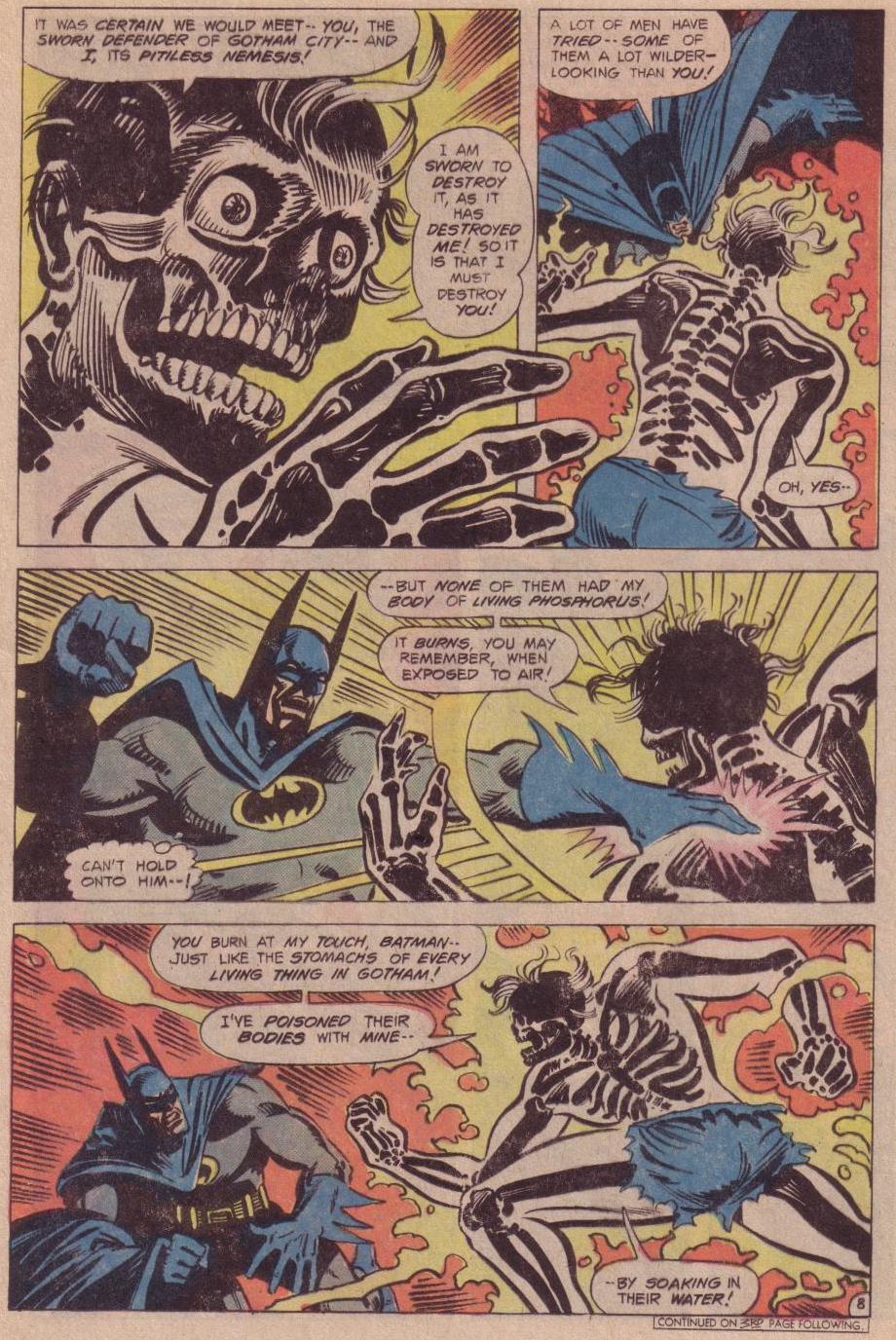 Batman goes one-on-one with Doctor Phosphorous in Detective Comics Vol. 1 #469 "...By Death's Eerlie Light!" (1977), DC. Words by Steve Englehart, art by Walt Simonson, Al Milgrom, Jerry Serpe, and Ben Oda.