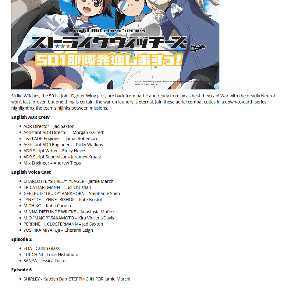 Jamie Marchi’s Replacemed in Strike Witches: 501st Joint Fighter Wing, Sparking Rumors of Firing From Funimation