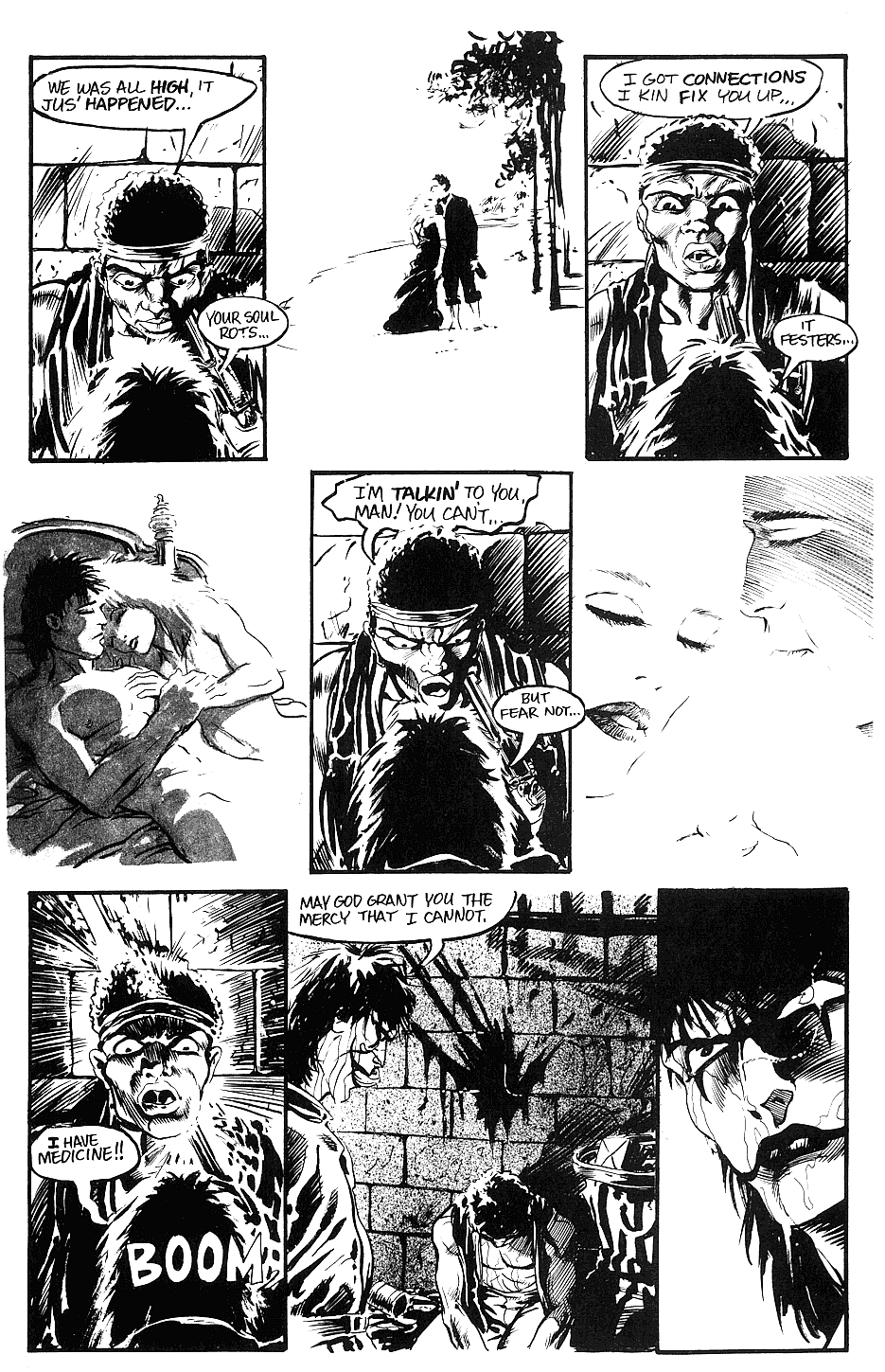 Eric Draven puts down one of his murderers, Tin Tin, in The Crow Vol. 1 #1 "Pain" (1989), Caliber Press. Words and art by James O'Barr.