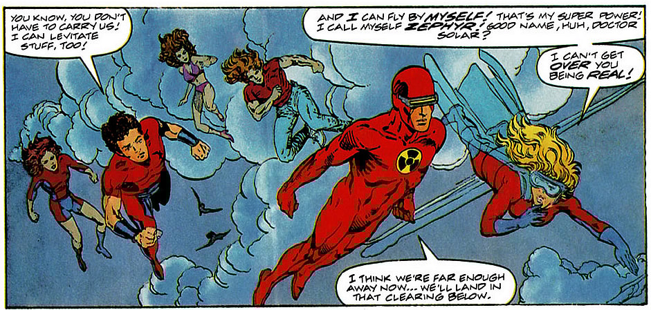 Zephyr fangirls out after Solar, Man of the Atom jumps from the comics to real-life in Harbinger Vol. 1 #6 "One for All" (1992), Valiant Comics. Words by Jim Shooter, art by David Lapham, Conzalo Mayo, Maria Beccari, and George Roberts, Jr.