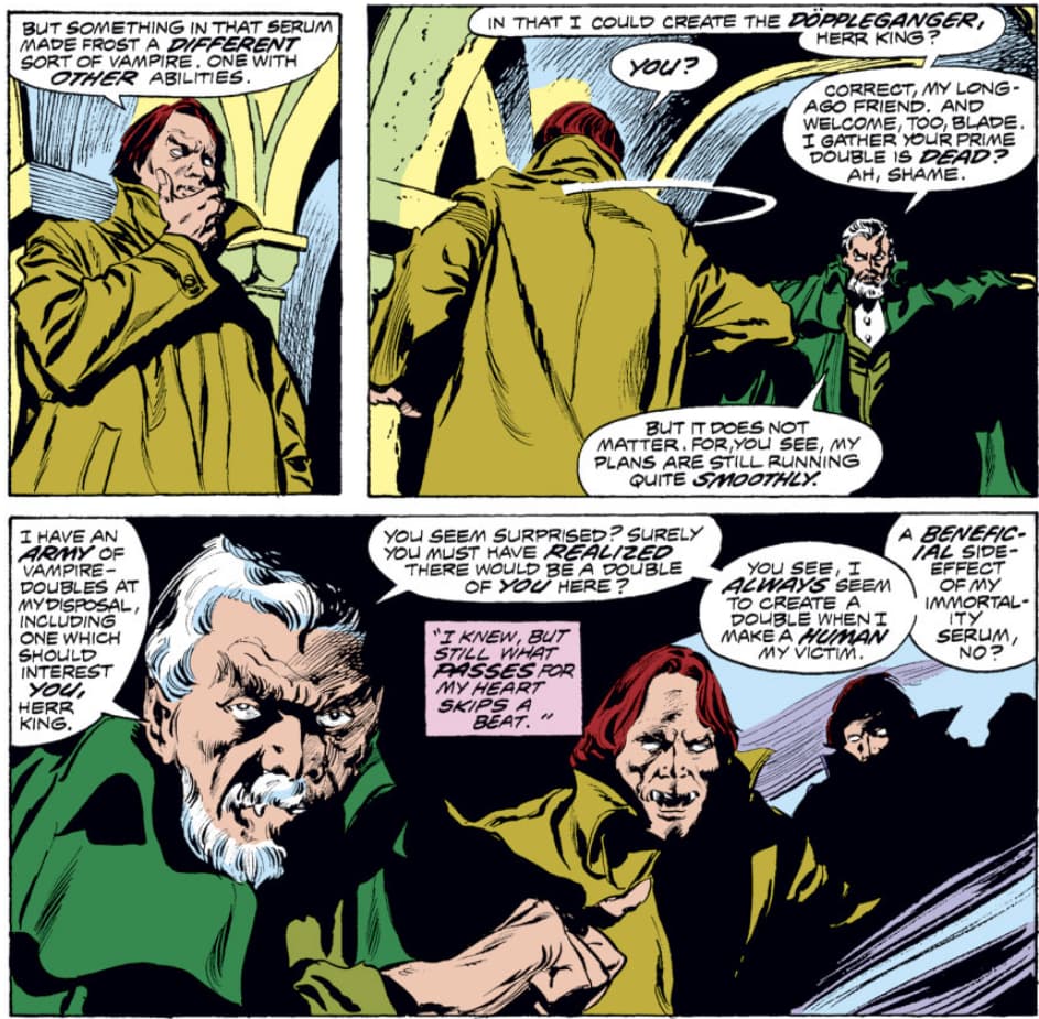 Deacon Frost reveals his abilities to Hannibal King in Tomb of Dracula Vol. 1 #53 "The Final Glory of Deacon Frost" (1976), Marvel Comics. Words by Marv Wolfman, art by Gene Colan, Tom Palmer, Michele Wolfman, and John Costanza via digital issue